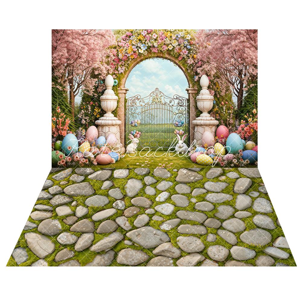 Kate Pâques Lapin Coloré Arche de fleurs Toile de fond+Vert Herbe Pierre Sol Toile de fond