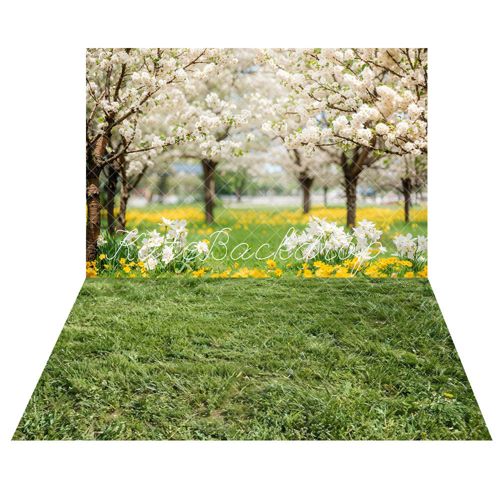 Kate Printemps Fleurs Prairie Arbres Toile de fond+Printemps Vert Herbe Sol Toile de fond