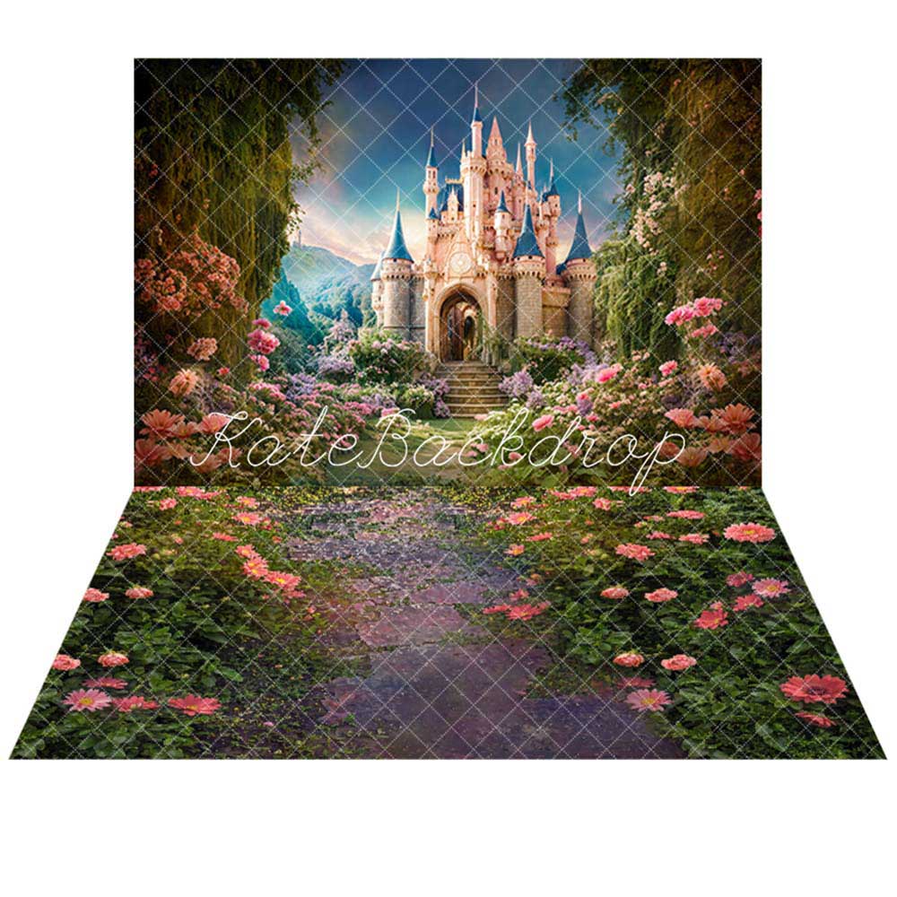 Kate Printemps Fantaisie Forêt Fleur Château Toile de fond+Saint Valentin Fleurs Rose Pierre Sol Toile de fond - Kate Backdrop FR