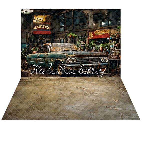 Kate Rétro Garage Voiture Vert foncé Plantes Toile de fond+Texture Marron Sol en ciment Toile de fond - Kate Backdrop FR