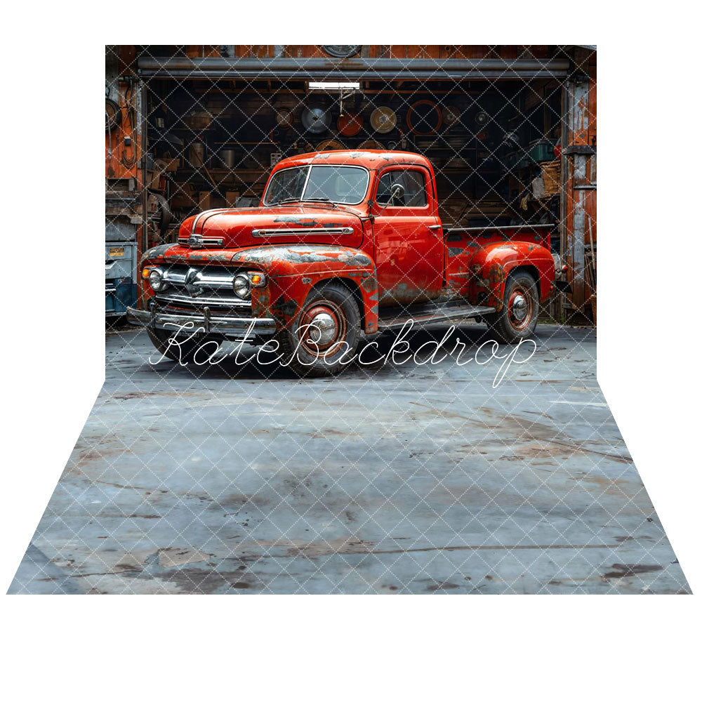 Kate Rouillé Vieux Garage Camion Rouge Toile de fond+Texture Gris Bleu Sol Toile de fond