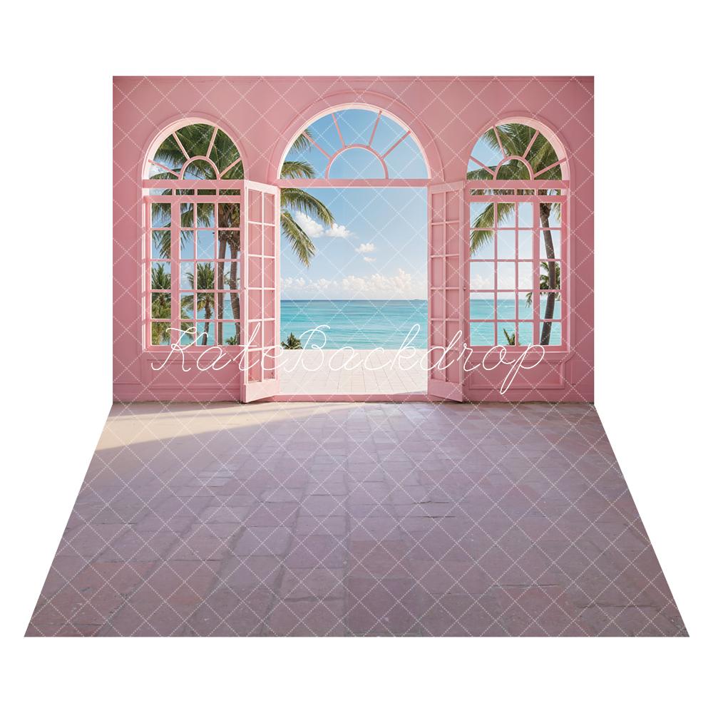 Kate Été Mer Rose Arche Fenêtre Toile de fond+Gris foncé Chemin de briques Sol Toile de fond - Kate Backdrop FR