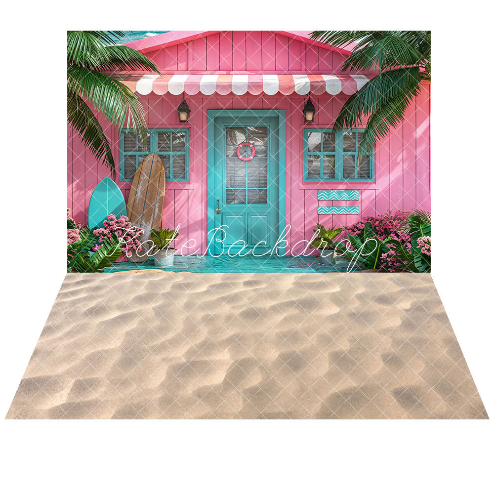 Kate Été Maison en bois Planche de surf Rose Toile de fond+Beige Plage de sable Doux Sol Toile de fond