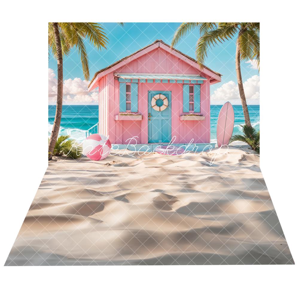 Kate Été Mer Plage Maison Rose Vacances Toile de fond+Onduleux Plage de sable Sol Toile de fond