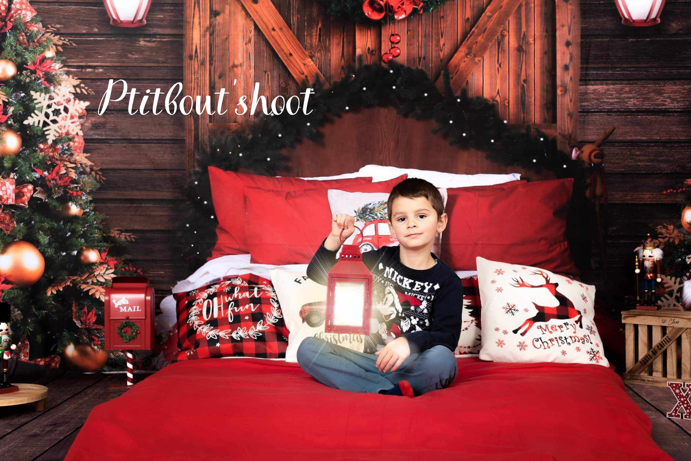 Kate Chalet Noël Porte de Grange Lit Rouge Oreiller Toile de Fond pour la Photographie - Kate Backdrop FR