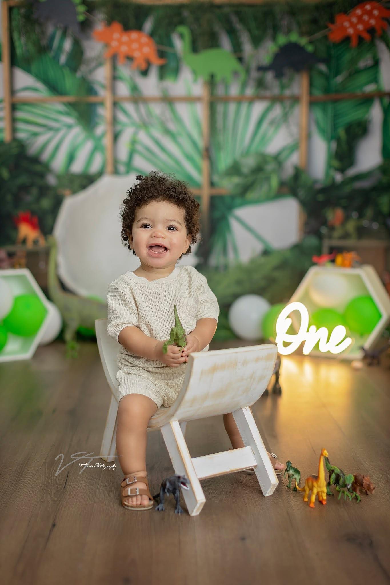 Kate Jungle Vert Dinosaures Enfant Toile de fond conçue par Jenna Onyia - Kate Backdrop FR