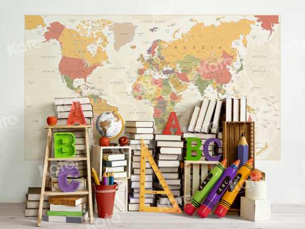 Kate Retour à l'école Carte du monde Livres Toile de fond conçu par Emetselch - Kate Backdrop FR