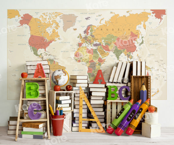Kate Retour à l'école Carte du monde Livres Toile de fond conçu par Emetselch - Kate Backdrop FR