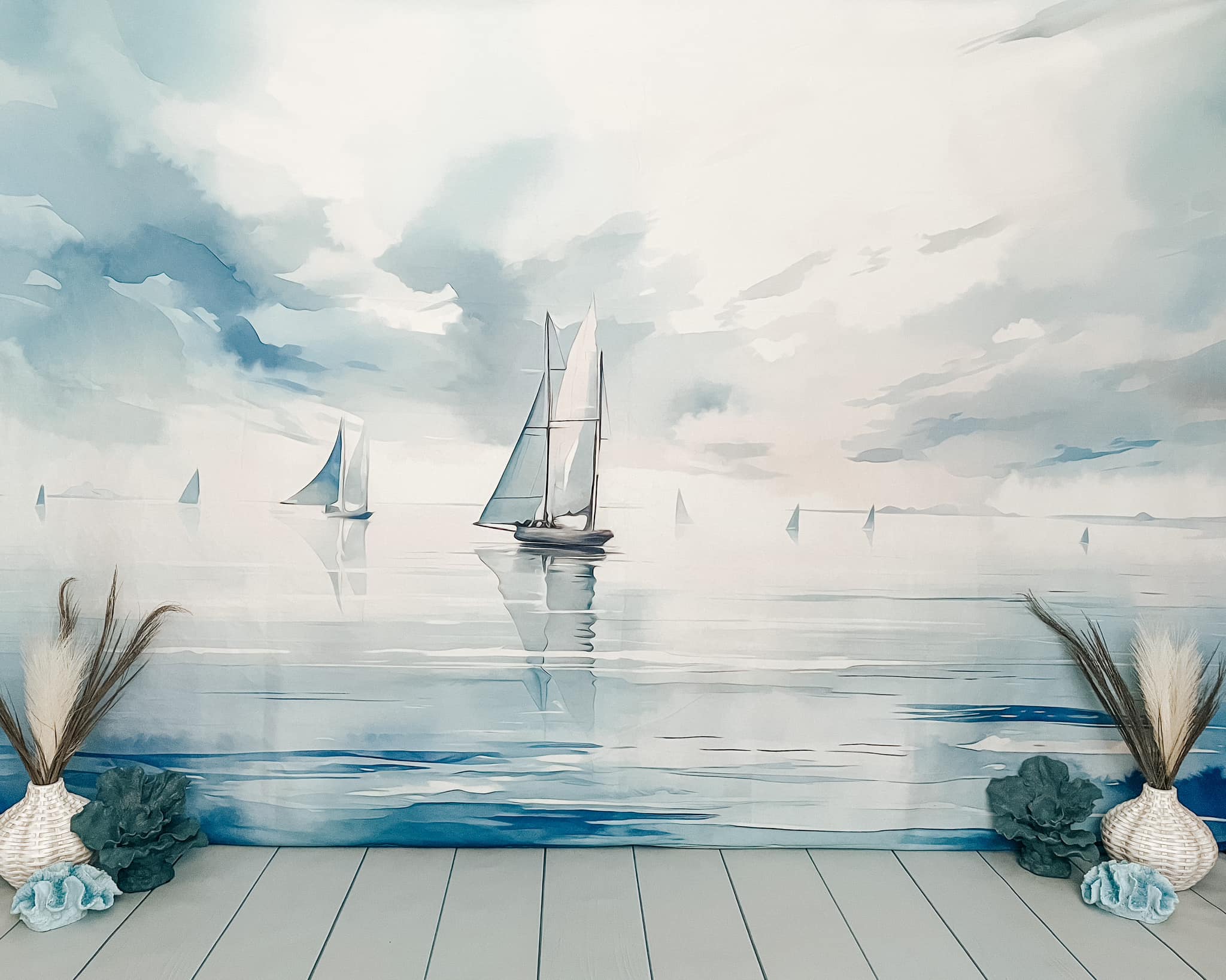 Kate Aquarelle Mer bleue Bateaux Toile de fond conçu par Patty Robert - Kate Backdrop FR