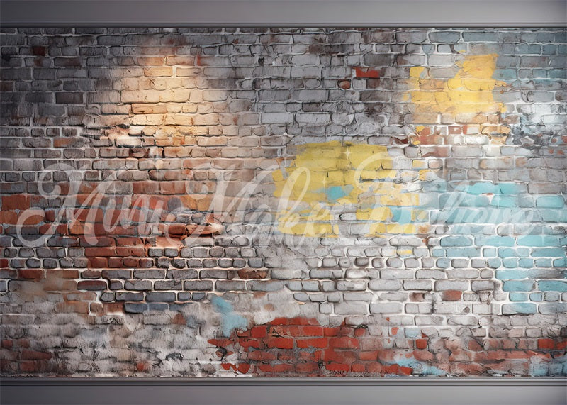 Kate Mur de briques Bleu Jaune Anniversaire Toile de fond conçue par Mini MakeBelieve - Kate Backdrop FR
