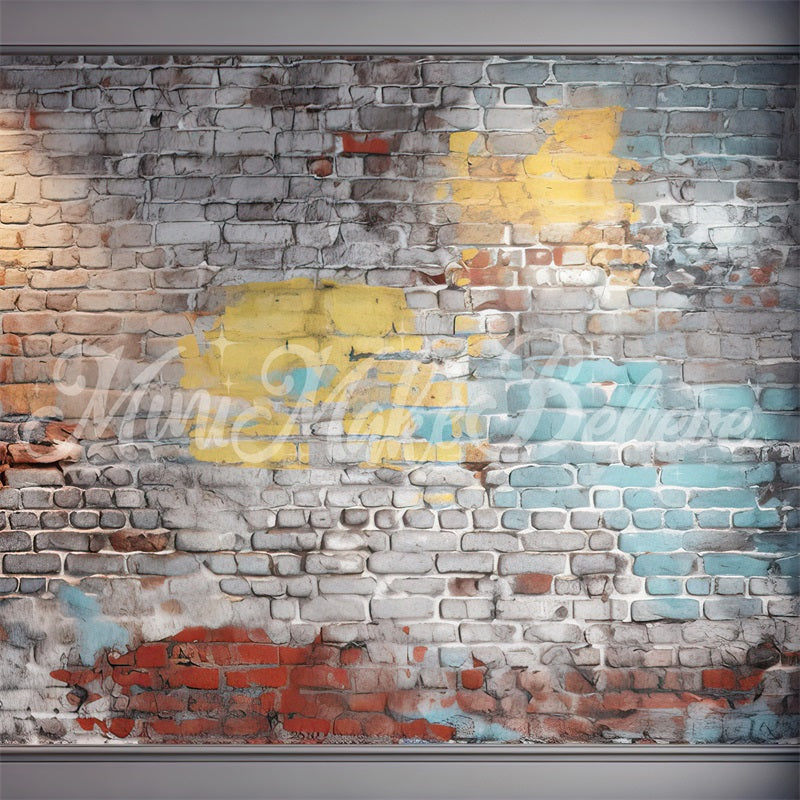 Kate Mur de briques Bleu Jaune Anniversaire Toile de fond conçue par Mini MakeBelieve - Kate Backdrop FR