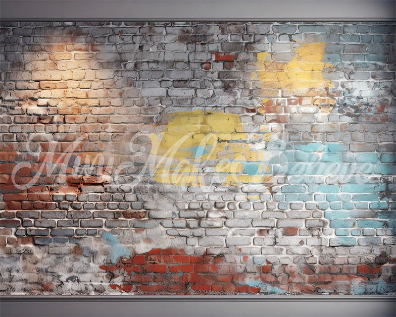 Kate Mur de briques Bleu Jaune Anniversaire Toile de fond conçue par Mini MakeBelieve - Kate Backdrop FR