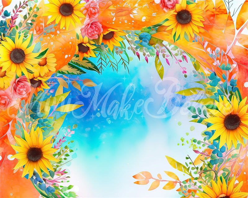 Kate Aquarelle peinte Ciel bleu Tournesols Toile de fond conçue par Mini MakeBelieve - Kate Backdrop FR