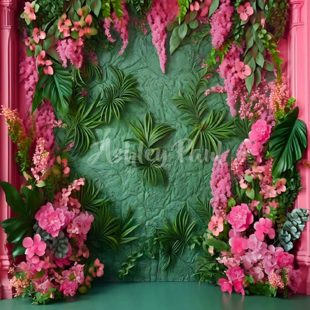 Kate Mur Tropical Vert Fleurs Rose Toile de fond conçu par Ashley Paul