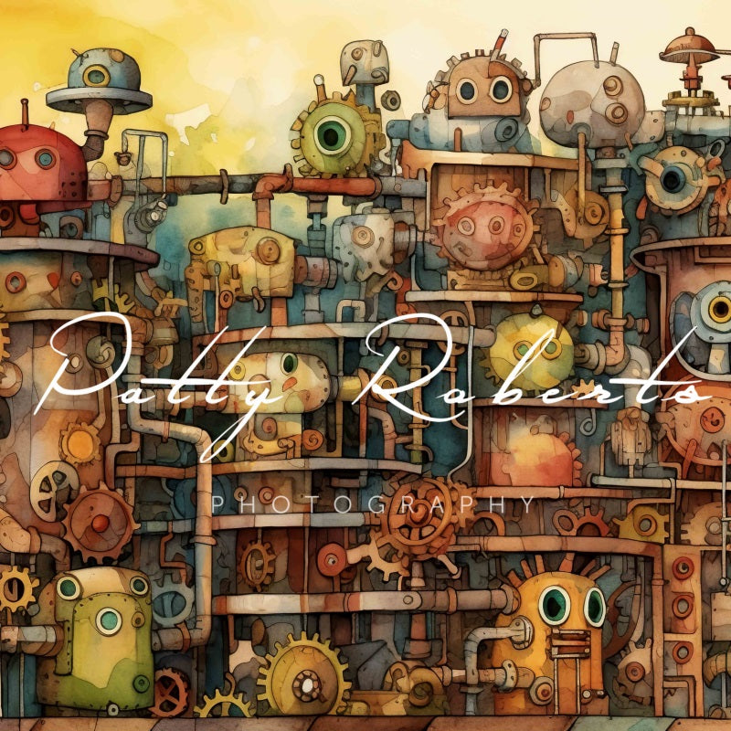 Kate Usine de Robots Aquarelle Toile de fond Conçu par Patty Robert - Kate Backdrop FR