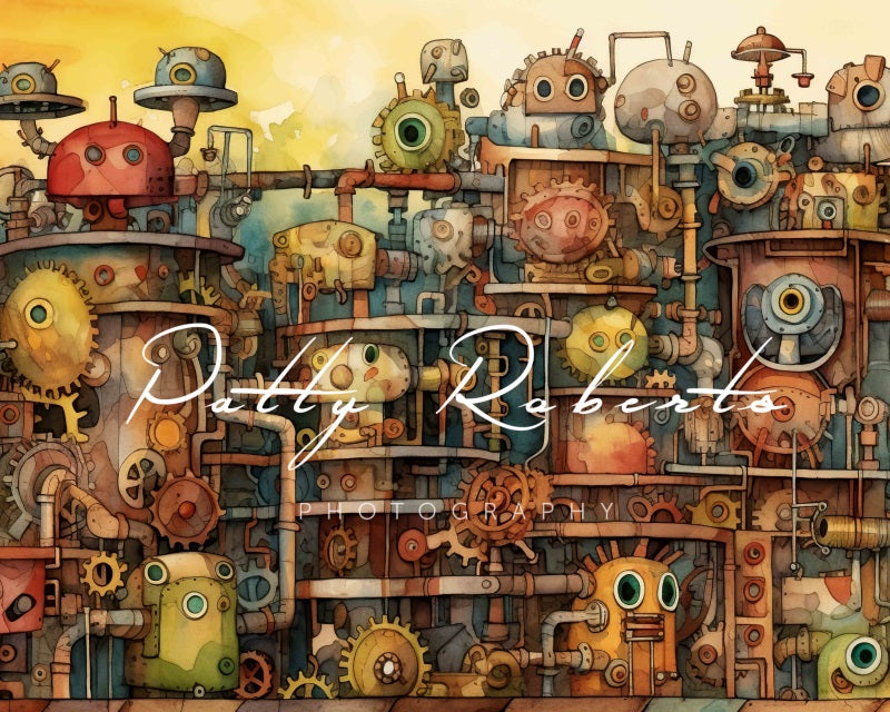 Kate Usine de Robots Aquarelle Toile de fond Conçu par Patty Robert - Kate Backdrop FR