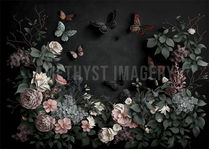 Kate Papillon Floral Noir Mur Toile de fond conçu par Angela Marie Photographie - Kate Backdrop FR
