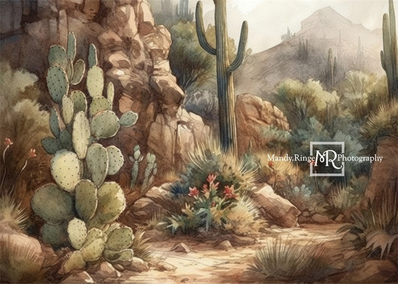 Kate Aquarelle Désert Cactus Montagnes Toile de fond conçue par Mandy Ringe - Kate Backdrop FR
