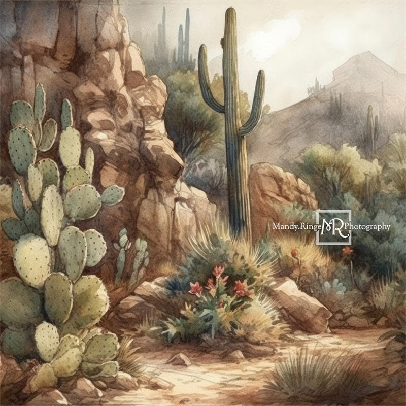 Kate Aquarelle Désert Cactus Montagnes Toile de fond conçue par Mandy Ringe - Kate Backdrop FR