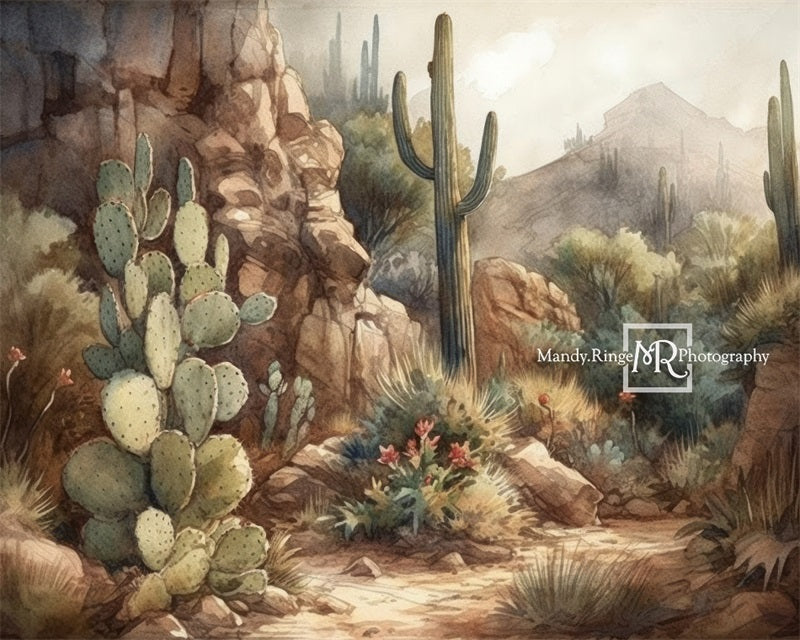Kate Aquarelle Désert Cactus Montagnes Toile de fond conçue par Mandy Ringe - Kate Backdrop FR