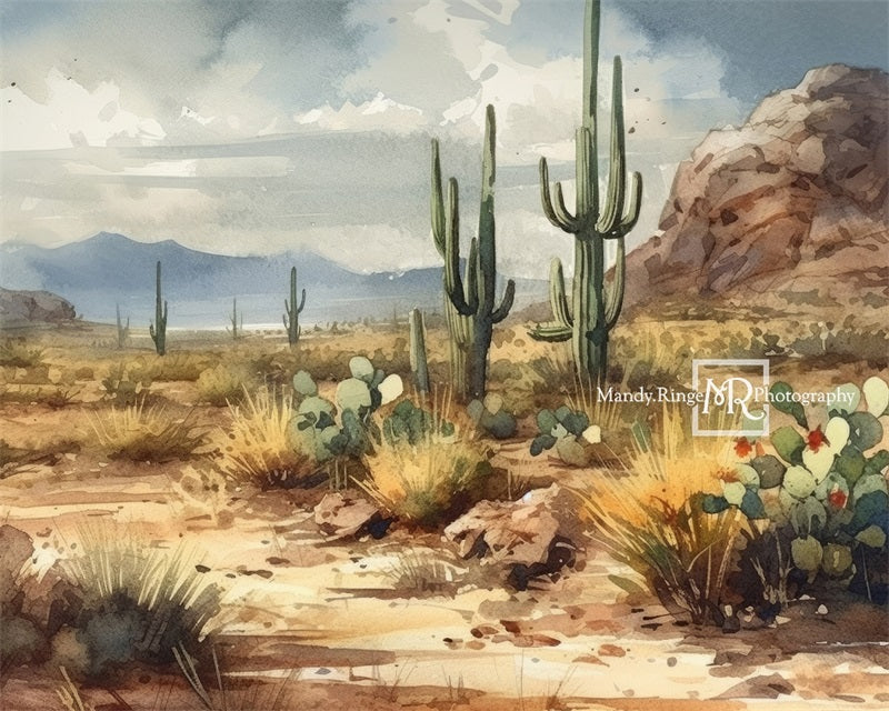 Kate Aquarelle Montagnes Cactus Toile de fond conçue par Mandy Ringe - Kate Backdrop FR