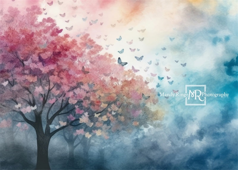 Kate Aquarelle Bleu Rose Papillons Arbres Toile de fond conçue par Mandy Ringe - Kate Backdrop FR