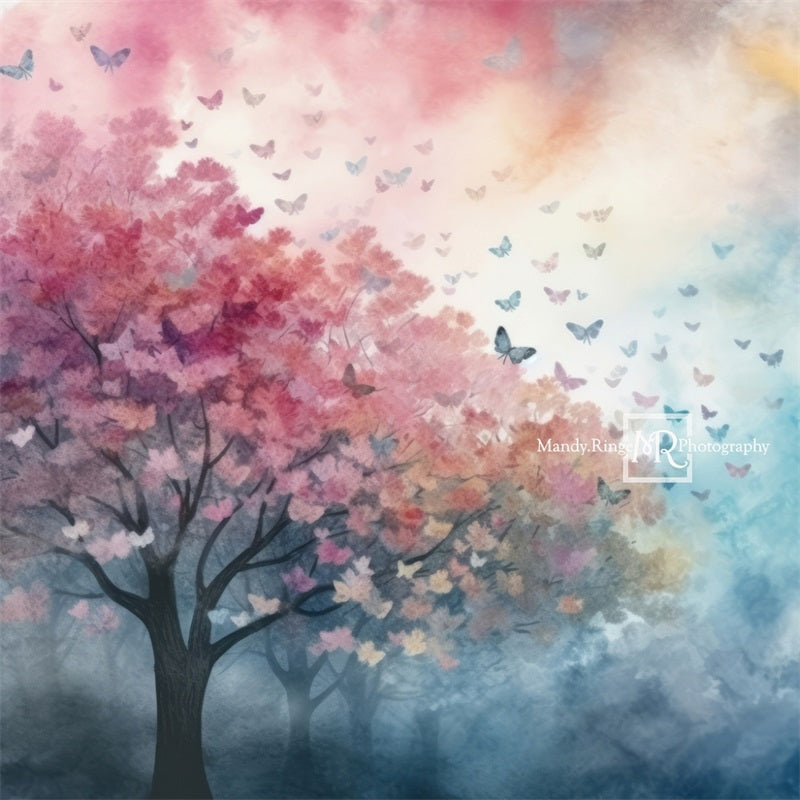 Kate Aquarelle Bleu Rose Papillons Arbres Toile de fond conçue par Mandy Ringe - Kate Backdrop FR