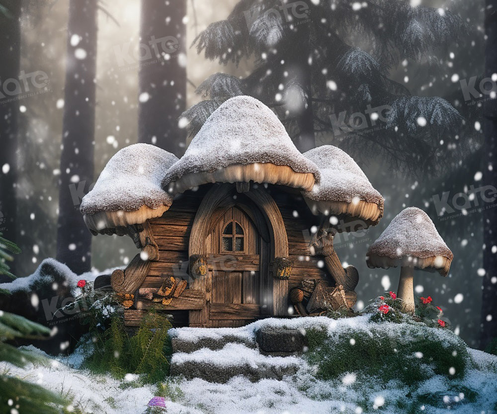 Kate Hiver Neige Maison Champignon Toile de fond pour la photographie - Kate Backdrop FR
