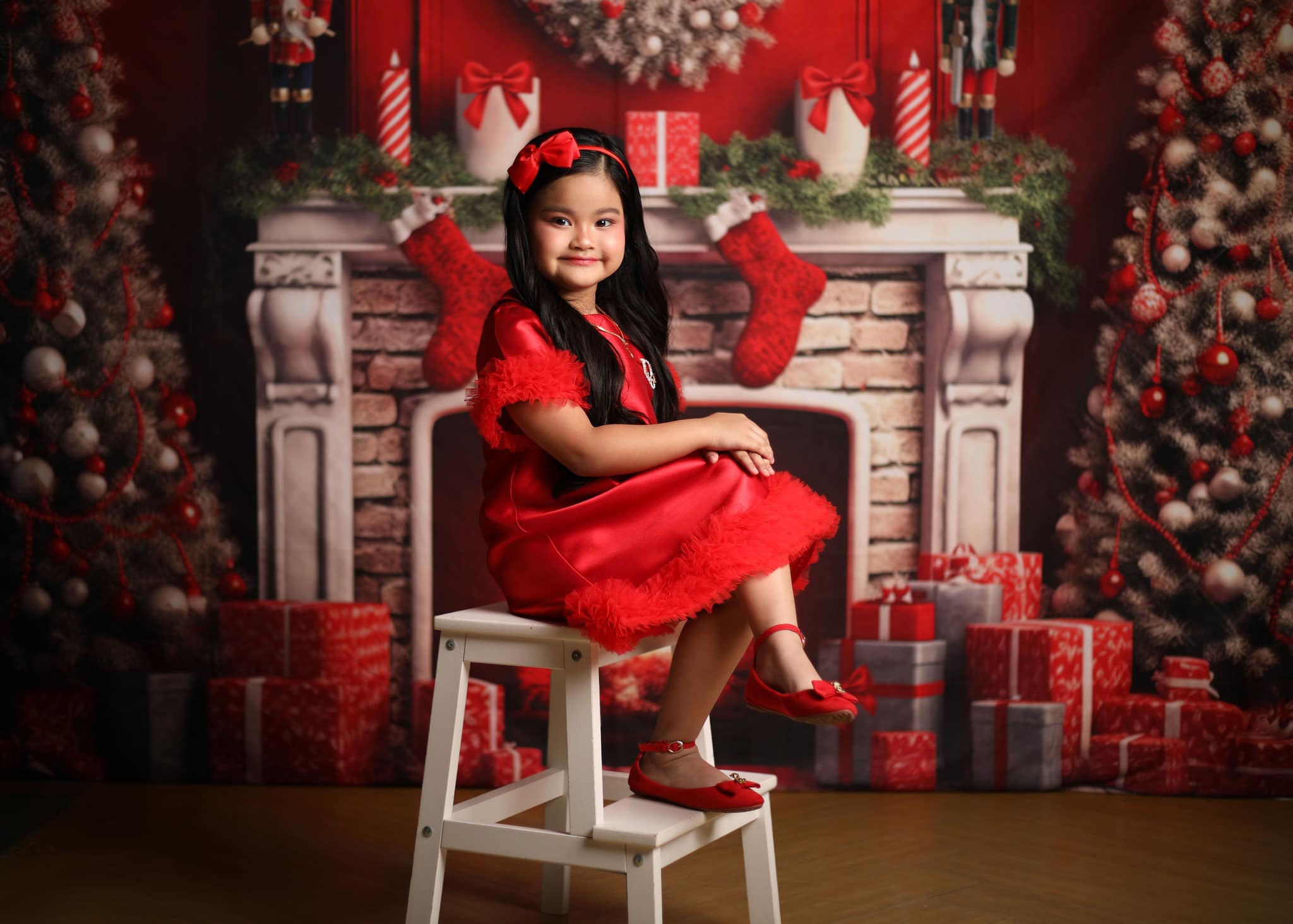 Kate Rouge Sapin de Noël Feu Cadeaux Toile de fond Conçu par Chain Photographie - Kate Backdrop FR