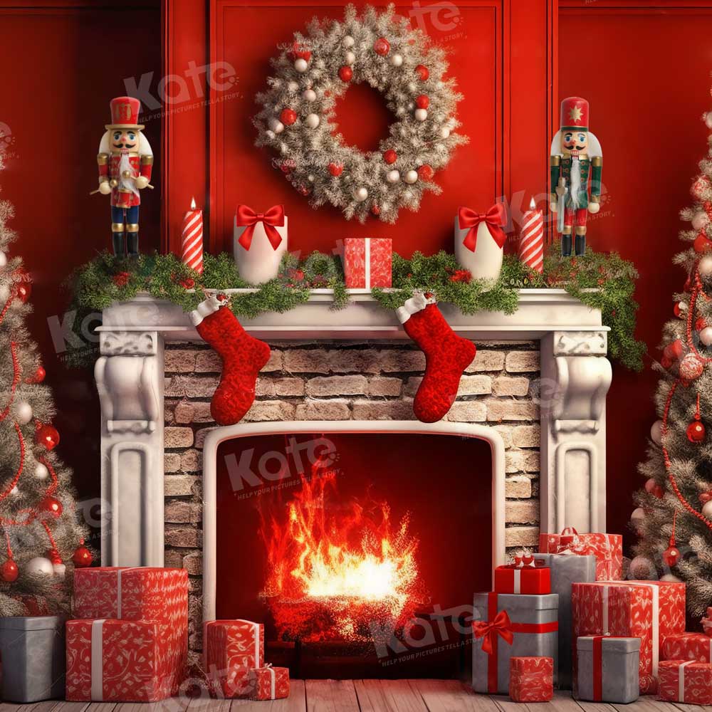 Kate Rouge Sapin de Noël Feu Cadeaux Toile de fond Conçu par Chain Photographie - Kate Backdrop FR