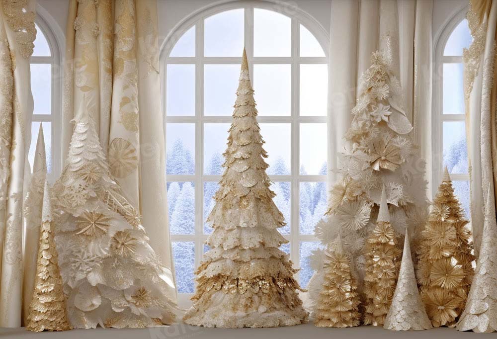Kate Sapin de Noël Doré Hiver Fenêtre Toile de fond Conçu par Chain Photographie - Kate Backdrop FR