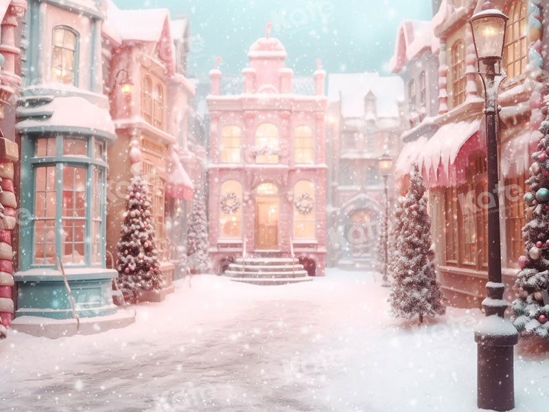 Kate Rose Noël Ville Rue Neige Bonbons Toile de fond pour la photographie - Kate Backdrop FR