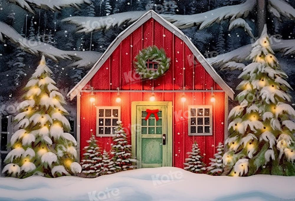 Kate Noël Hiver Maison Rouge Nuit Toile de fond conçue par GQ - Kate Backdrop FR