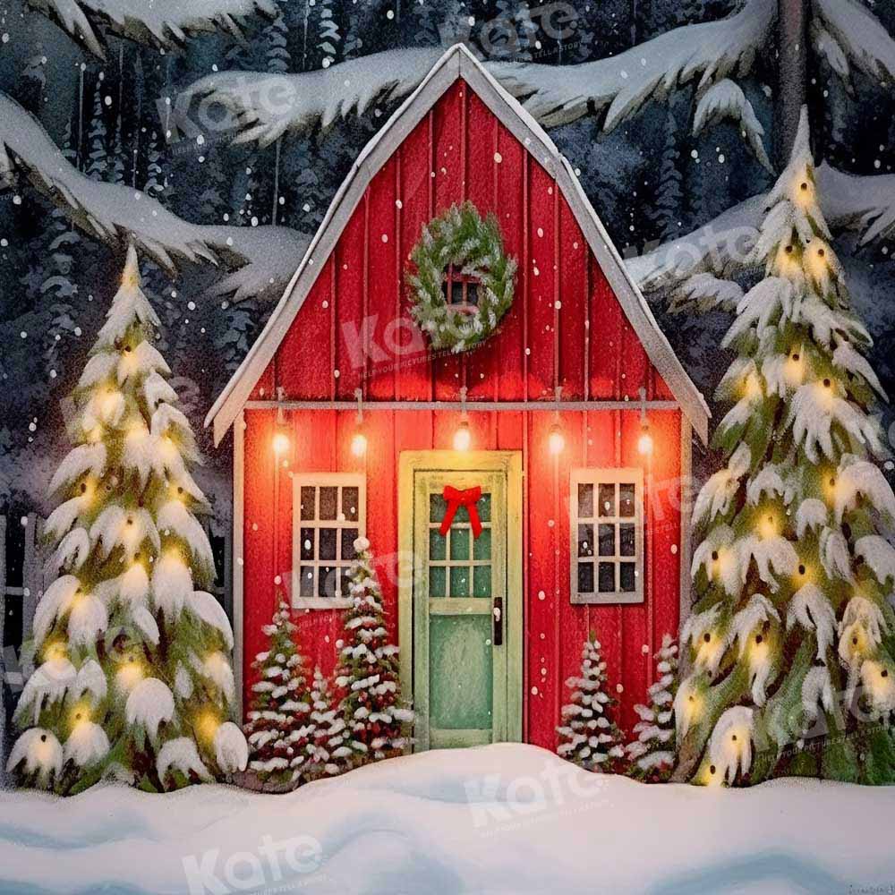 Kate Noël Hiver Maison Rouge Nuit Toile de fond conçue par GQ - Kate Backdrop FR