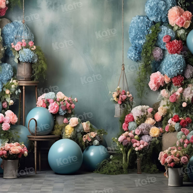 Kate Bleu Ballons Fleurs Anniversaire Toile de fond pour la photographie - Kate Backdrop FR