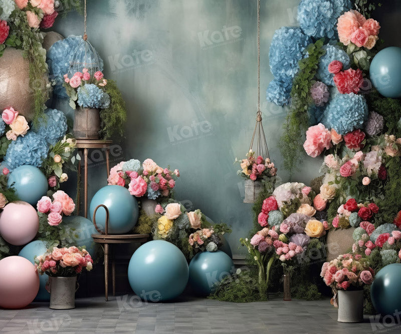 Kate Bleu Ballons Fleurs Anniversaire Toile de fond pour la photographie - Kate Backdrop FR