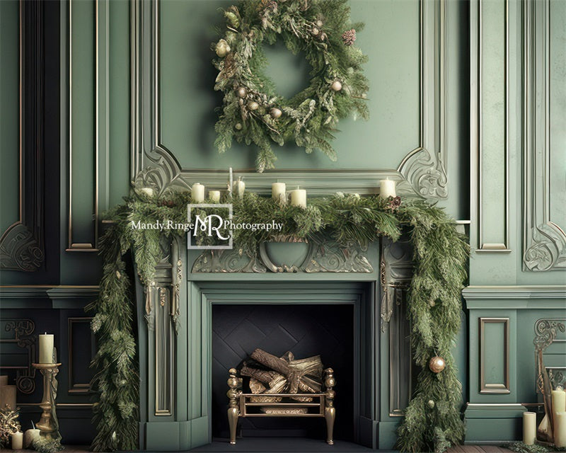 Kate Vintage Noël Cheminée Vert Toile de fond conçue par Mandy Ringe - Kate Backdrop FR