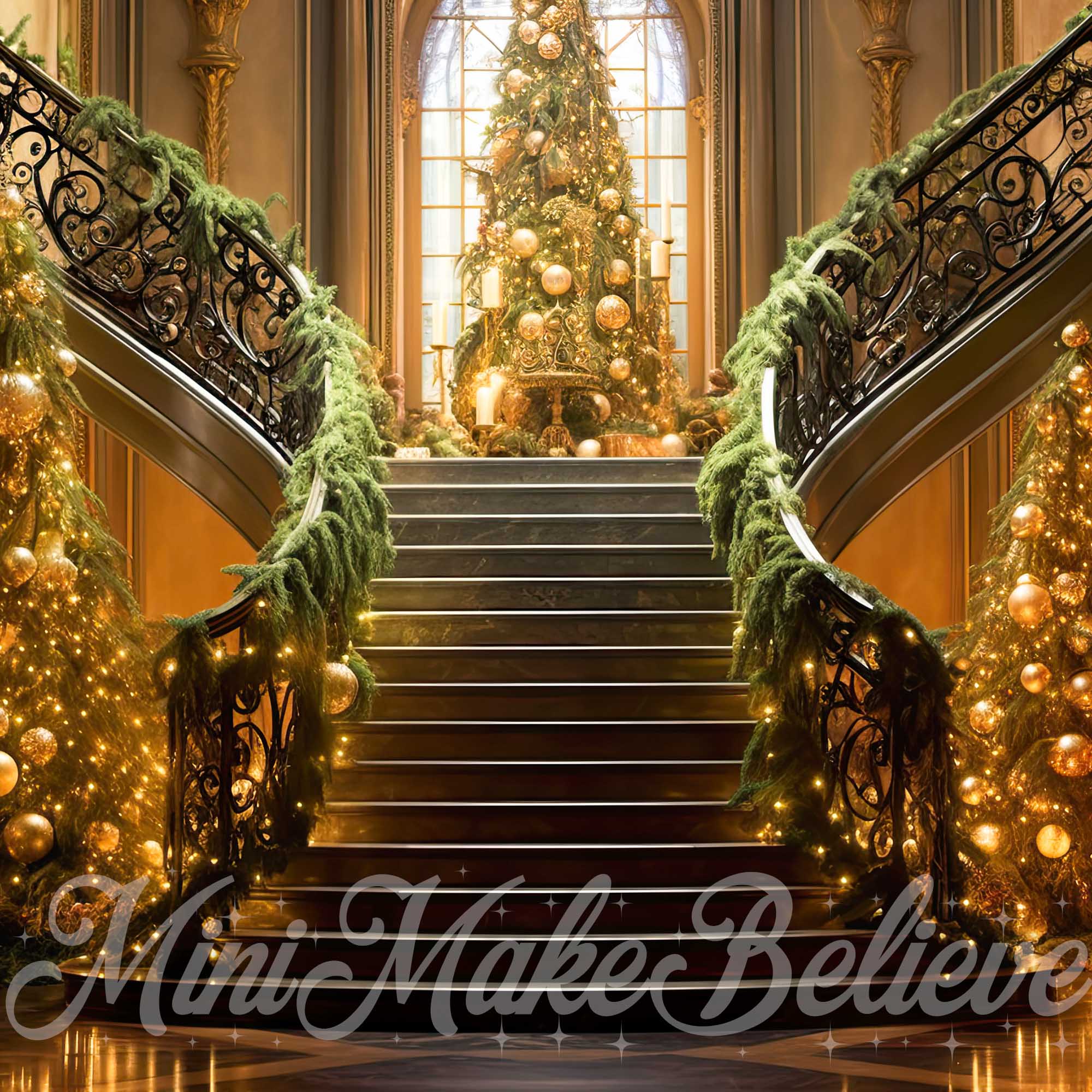 Kate Escaliers Arbre de Noël Doré Toile de fond conçue par Mini MakeBelieve - Kate Backdrop FR