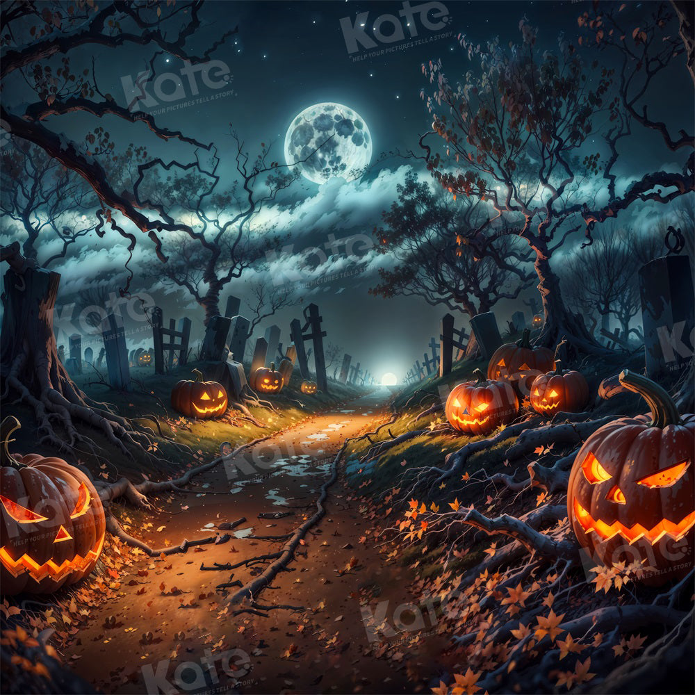 Kate Halloween Cimetière Citrouille Lune Nuage Toile de fond pour la photographie - Kate Backdrop FR