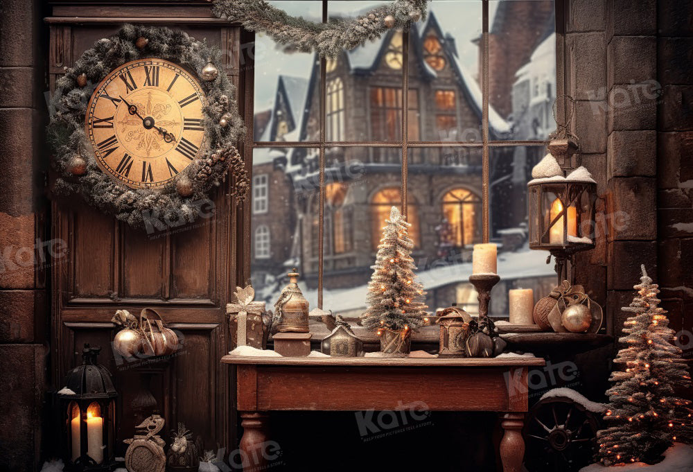 Kate Noël Horloge Vintage Hiver Toile de fond pour la photographie - Kate Backdrop FR
