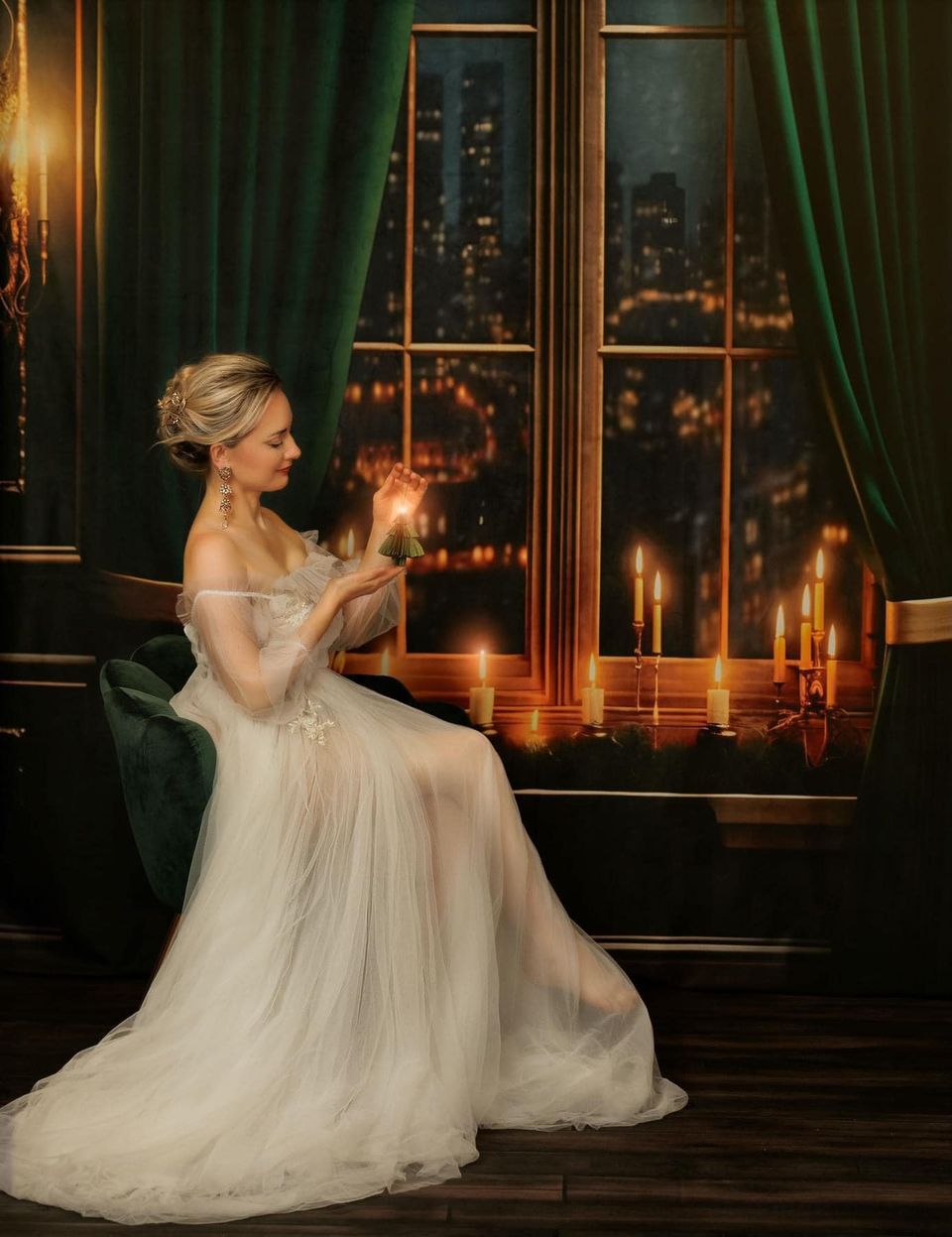 Kate Ville Nuit Fenêtre Rideau Vert Toile de fond pour la photographie - Kate Backdrop FR