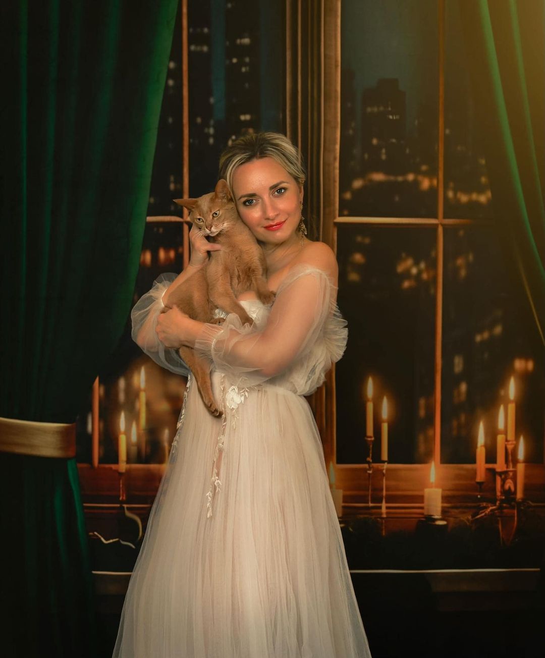 Kate Ville Nuit Fenêtre Rideau Vert Toile de fond pour la photographie - Kate Backdrop FR