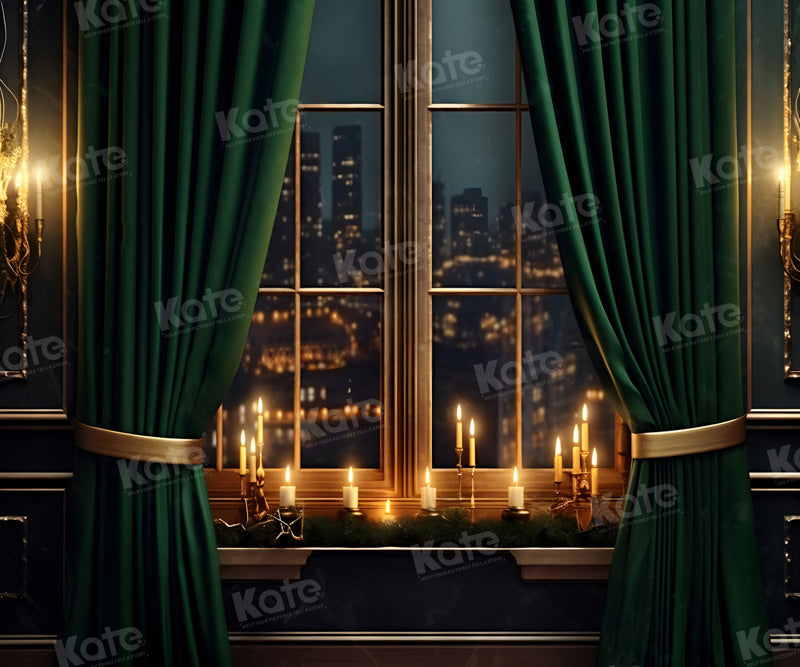 Kate Ville Nuit Fenêtre Rideau Vert Toile de fond pour la photographie - Kate Backdrop FR