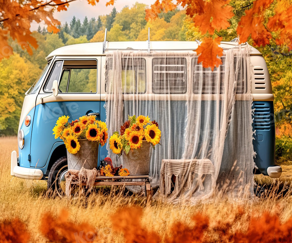 Kate Automne Tournesol Autobus blanc bleu Toile de fond pour la photographie - Kate Backdrop FR