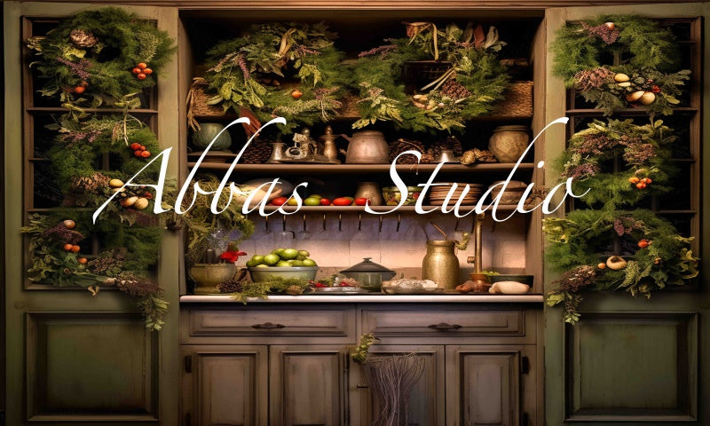 Kate Noël Cuisine Vert Armoire Toile de fond conçue par Abbas Studio - Kate Backdrop FR