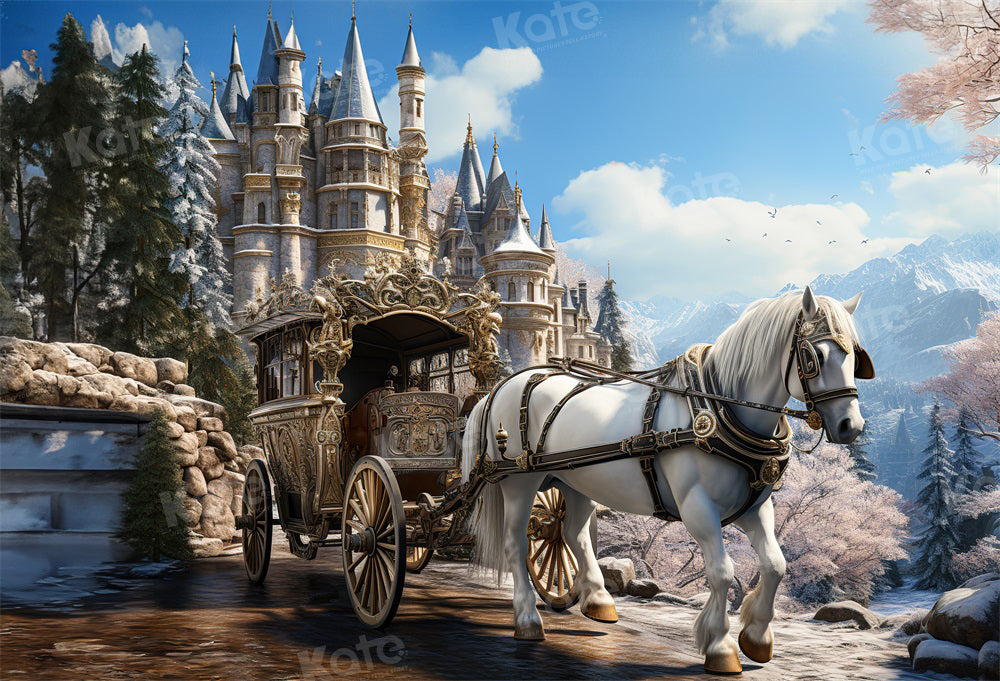 Kate Château Carrosse Ciel Montagne Toile de fond pour la photographie - Kate Backdrop FR