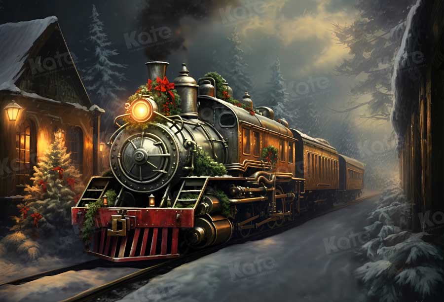 Kate Nuit Train Noël Arbres Neige Toile de fond pour la photographie - Kate Backdrop FR