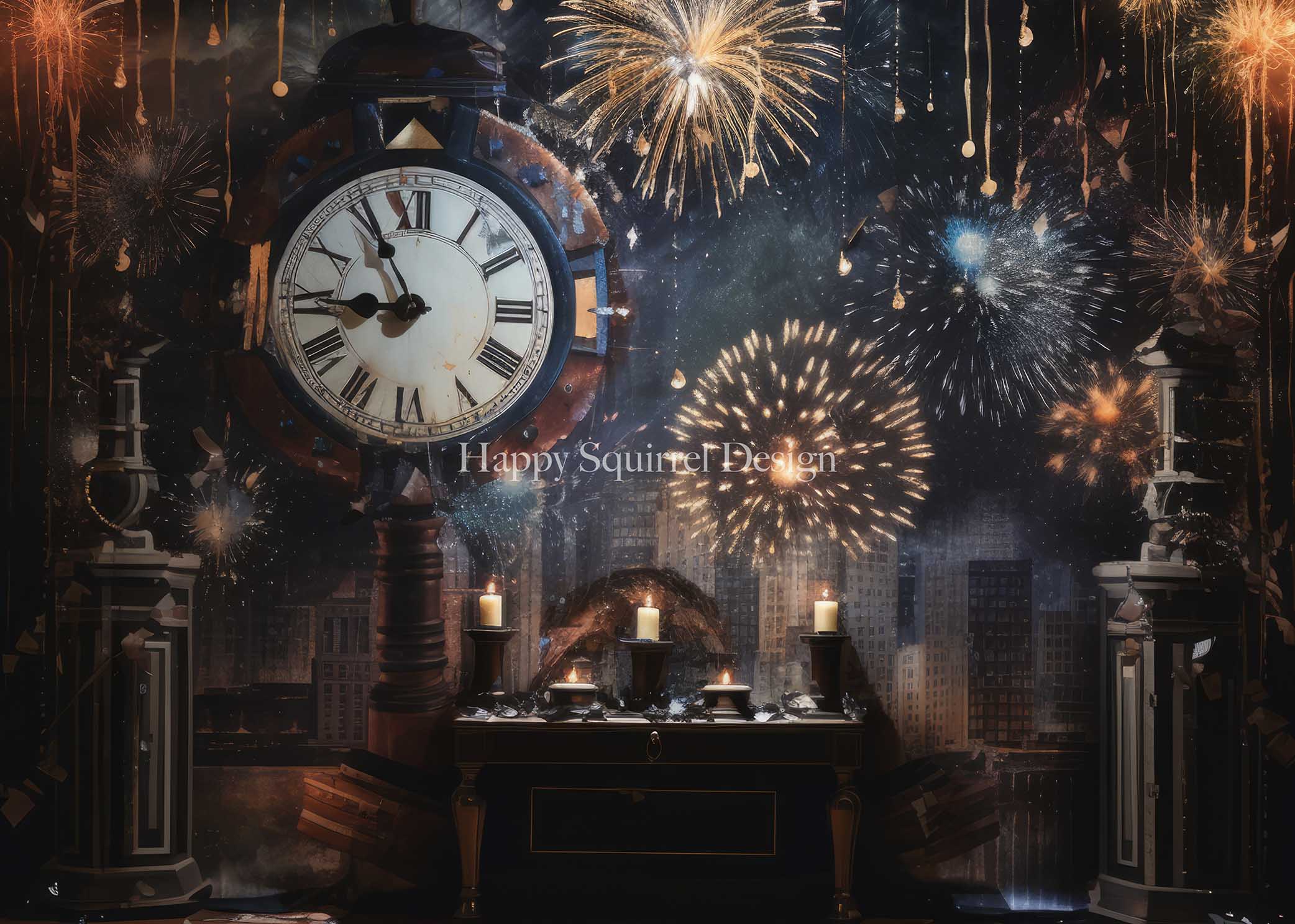 Kate Célébration Horloge Feux d'artifice Toile de fond Conçu par Happy Squirrel Design