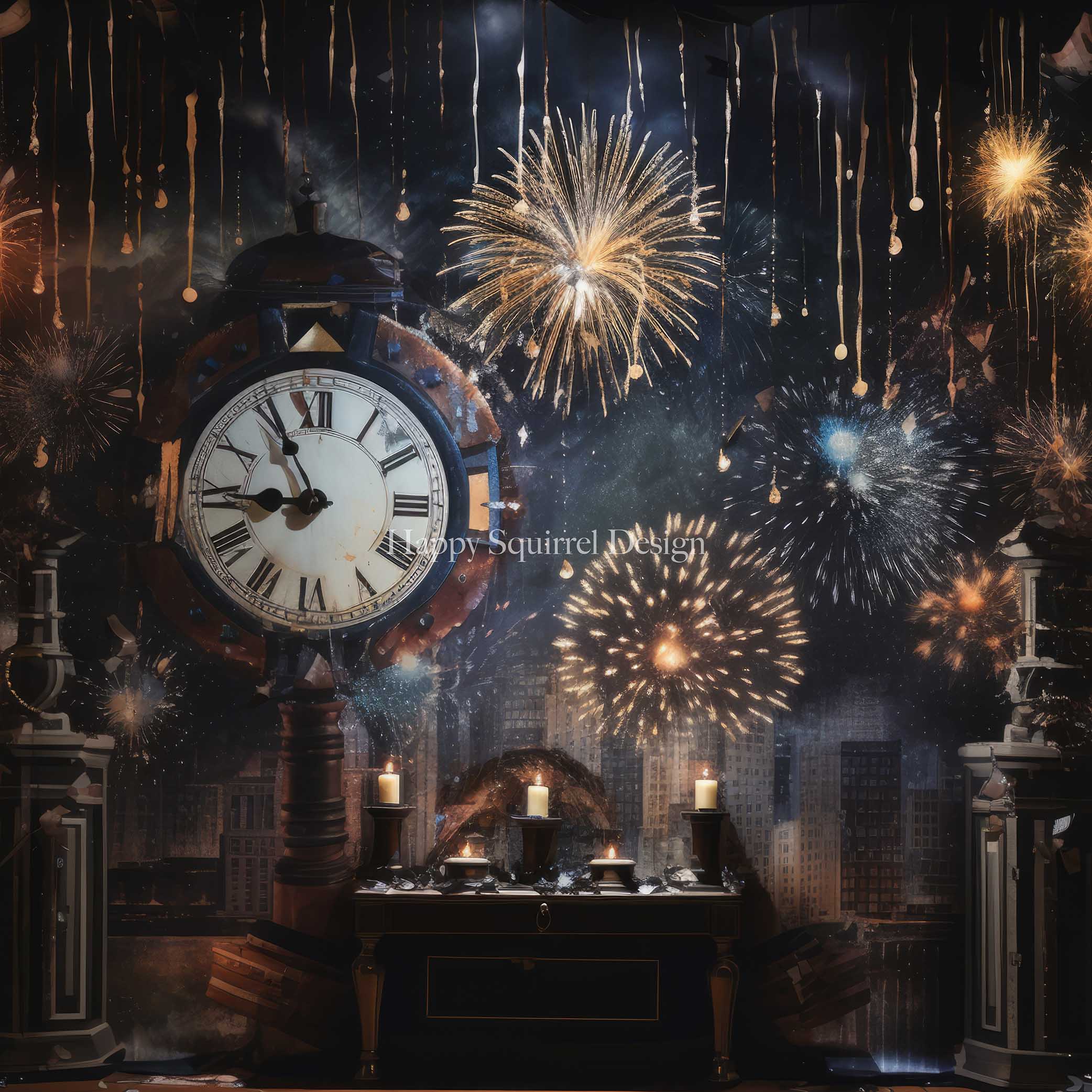Kate Célébration Horloge Feux d'artifice Toile de fond Conçu par Happy Squirrel Design - Kate Backdrop FR