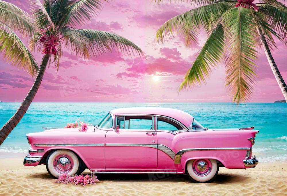 Kate Plage Voiture Rose Ciel Mer Toile de fond conçu par Emetselch - Kate Backdrop FR